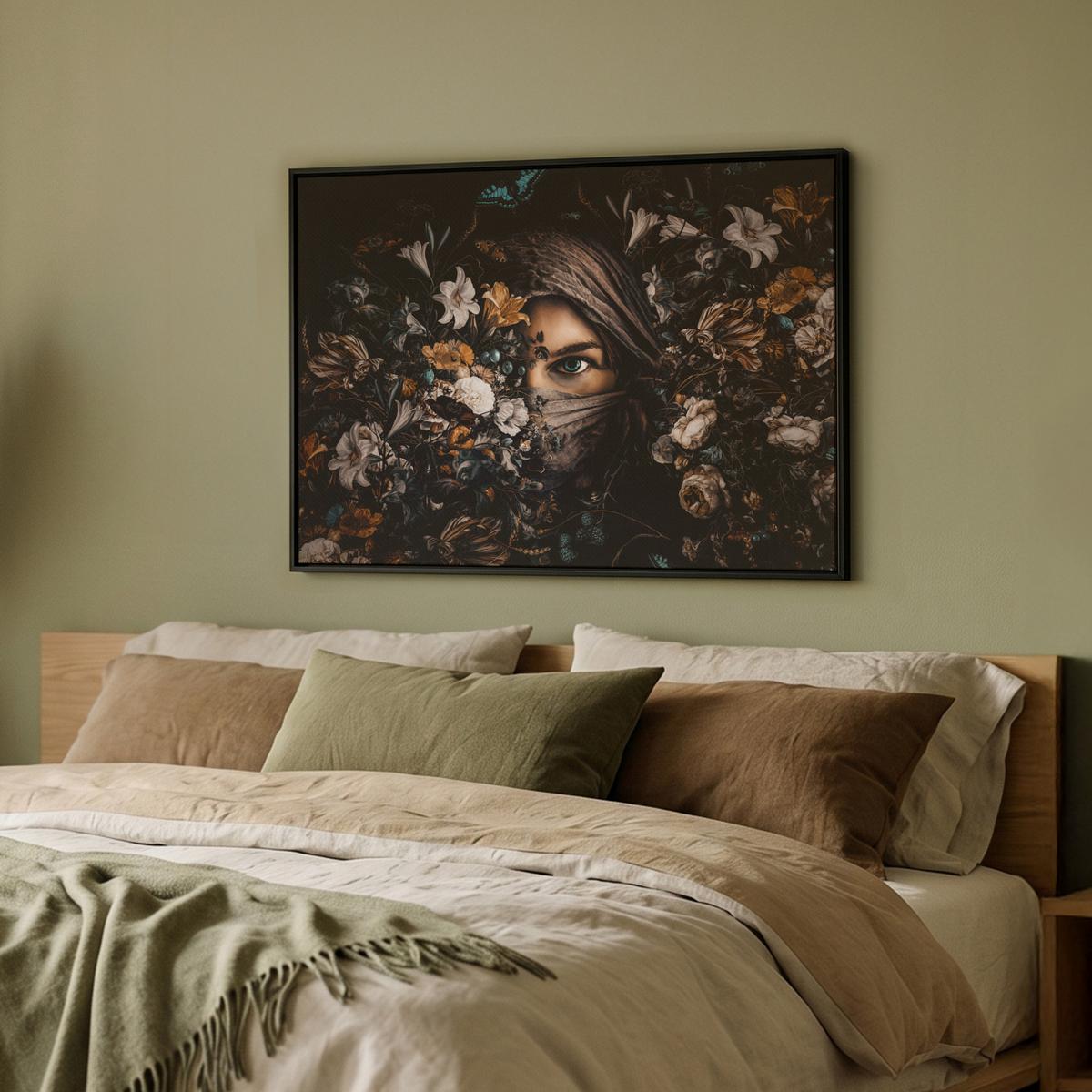 LEINWAND Bilder mit Rahmen - Frau - Luxus - Blumen - Schmetterling - Porträt - 80x60 - Schwarz, Textil (80/60cm) - MuchoWow