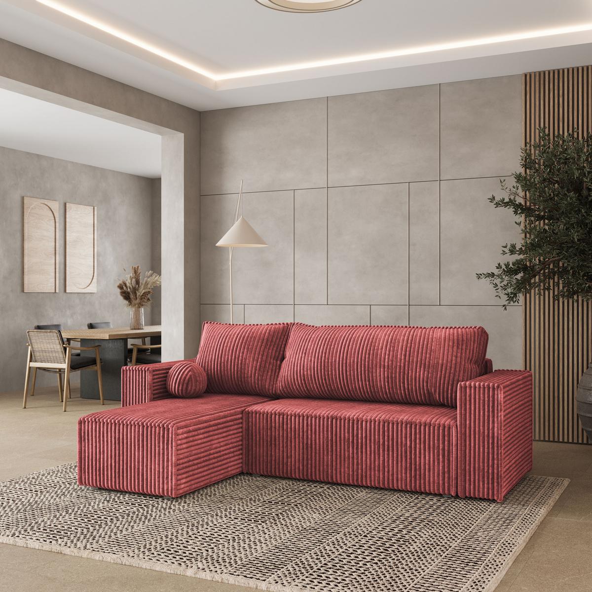 ECKSOFA RAVELO T Rosa Kordstoff mit Schlaffunktion - Rosa/Grau, Holz/Kunststoff (240/140cm) - MASSENO