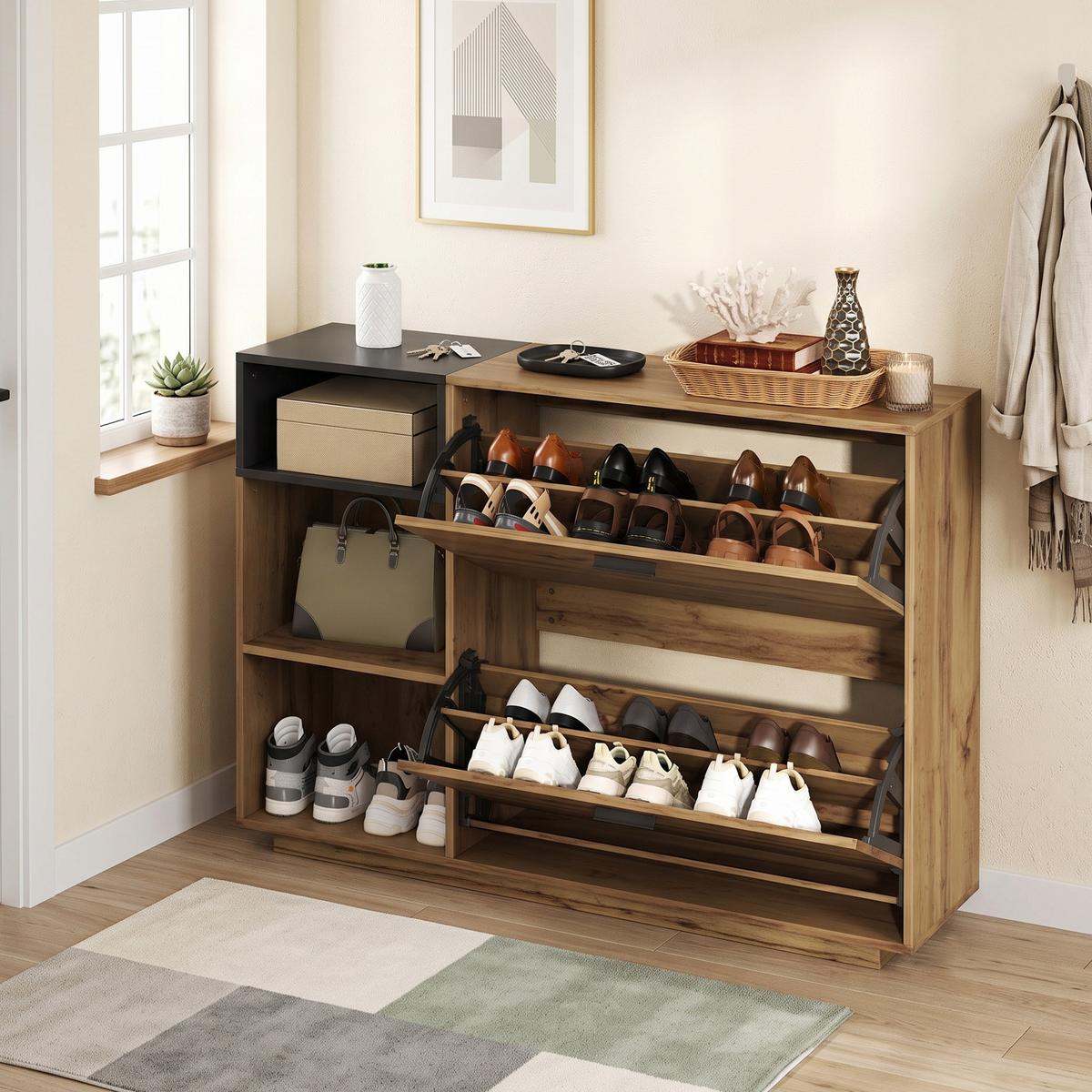 SCHUHESCHRANK mit 3 offene Fächer & 2 Klappfächer Natur+Schwarz - Naturfarben, Holzwerkstoff (120/84.5/32cm) - Urban Meuble