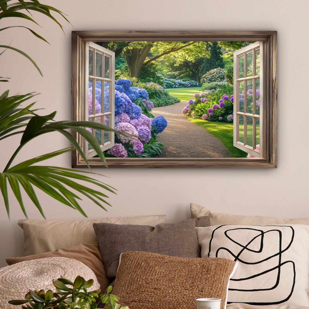LEINWANDBILD Aussicht - Garten - Fenster - Hortensie - Blumen Wanddeko 90x60 cm - Pastellblau, Textil (90/60cm) - MuchoWow