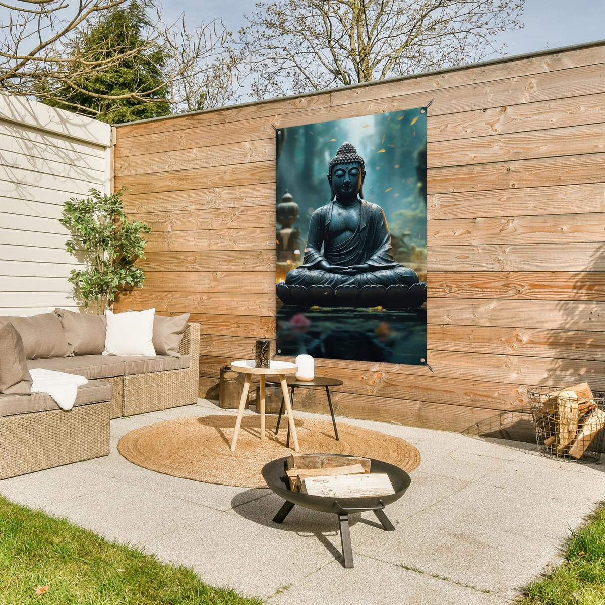 GARTENPOSTER Buddha - Statue - Buddha - Zen - Kunst - Buddha Outdoor Bilder 80x120 cm - Dunkelgrau, Kunststoff (80/120/0.2cm) - OnlyWow