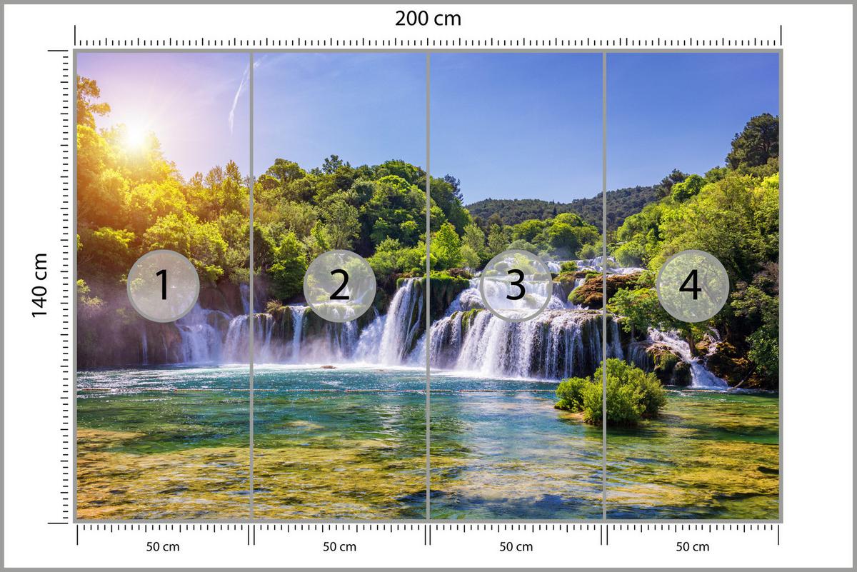 FOTOTAPETE Wasserfälle Wald Landschaft 3D 200x140 - Türkis/Blau, Papier (200/140cm) - Muralo