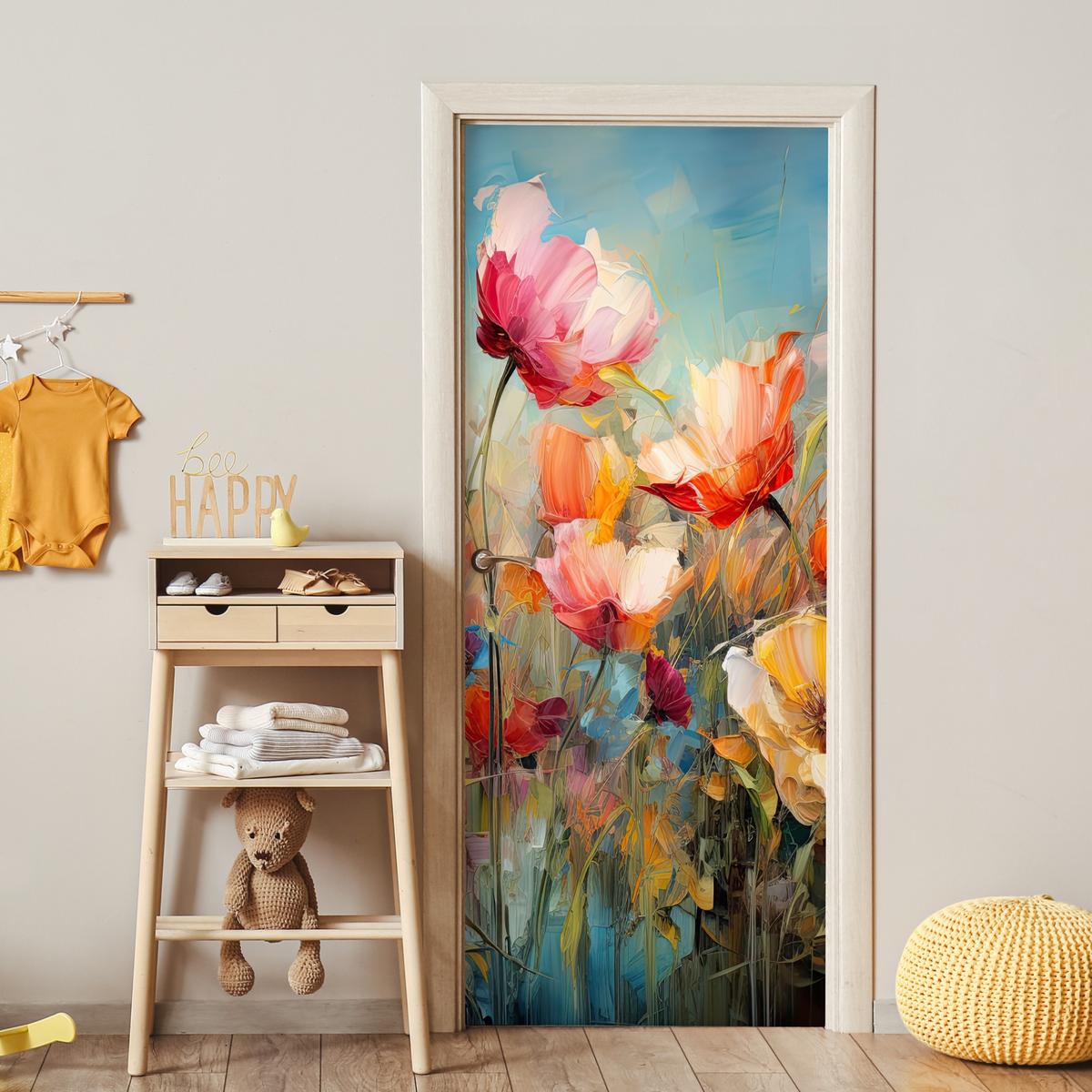 TÜRAUFKLEBER Selbstklebend - Blumen - Aquarell - Kunst - Botanisch - Natur 85x205 cm - Türtapete - Orange, Kunststoff (85/205cm) - MuchoWow
