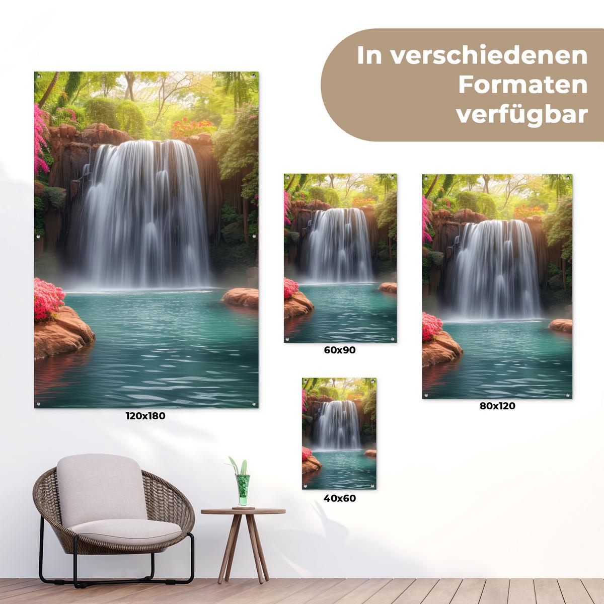 GARTENPOSTER Wasserfall - Natur - Pflanzen - Dschungel - Wasser Outdoor Bilder 80x120 cm - Grün, Kunststoff (80/120/0.2cm) - OnlyWow