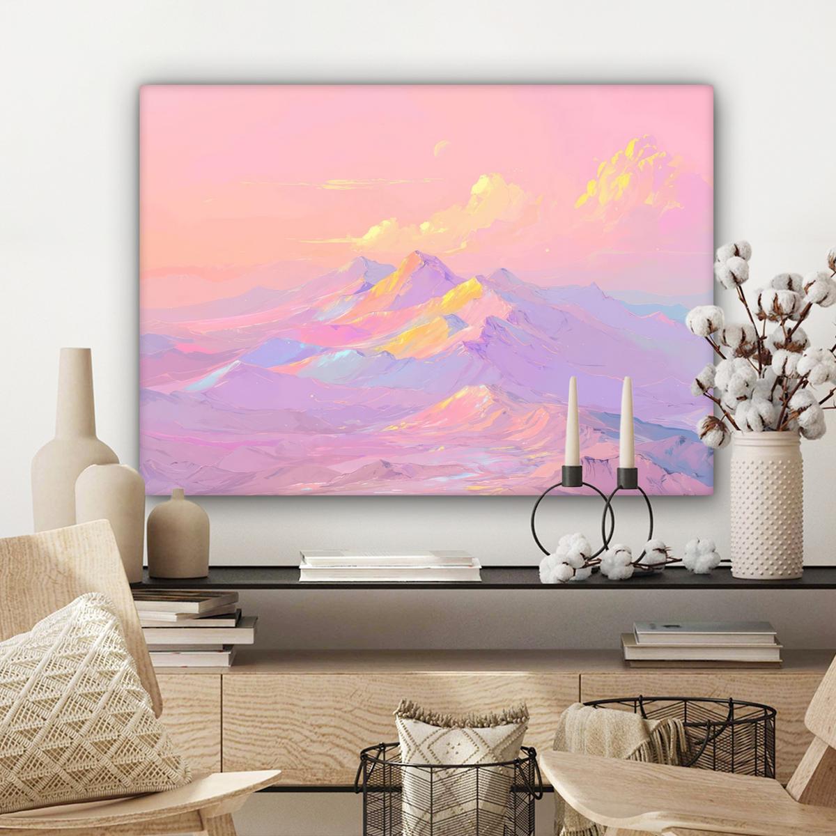 LEINWANDBILD Berggipfel - Wolken - Verträumt Wandbilder 80x60 cm - Hellrosa, Textil (80/60cm) - MuchoWow