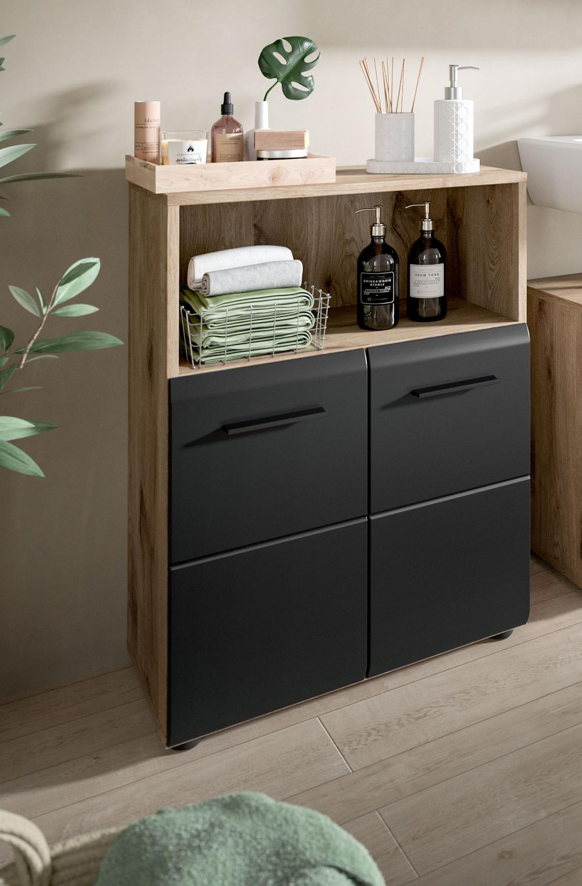 MIDISCHRANK schwarz matt, Eiche 2-türig, Badkommode 60 x 80 cm - Eichefarben/Schwarz, Holzwerkstoff/Kunststoff (60/80/30cm) - Inn.Furn