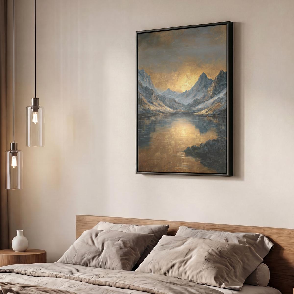 LEINWAND Bilder mit Rahmen - Bergkulisse mit goldenem Sonnenuntergang - 60x80 - Goldfarben, Textil (60/80cm) - MuchoWow