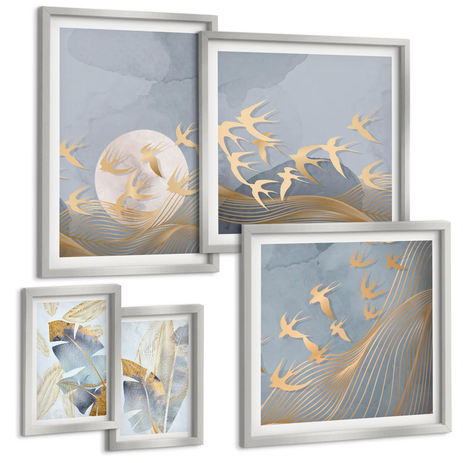 BILDER SET 5er Set - 50x50 cm & 20x30 cm & 40x60 cm Silberner Rahmen - Blaubeige Blätter im Hintergrund - Silberfarben, Kunststoff (40/60cm) - TULUP