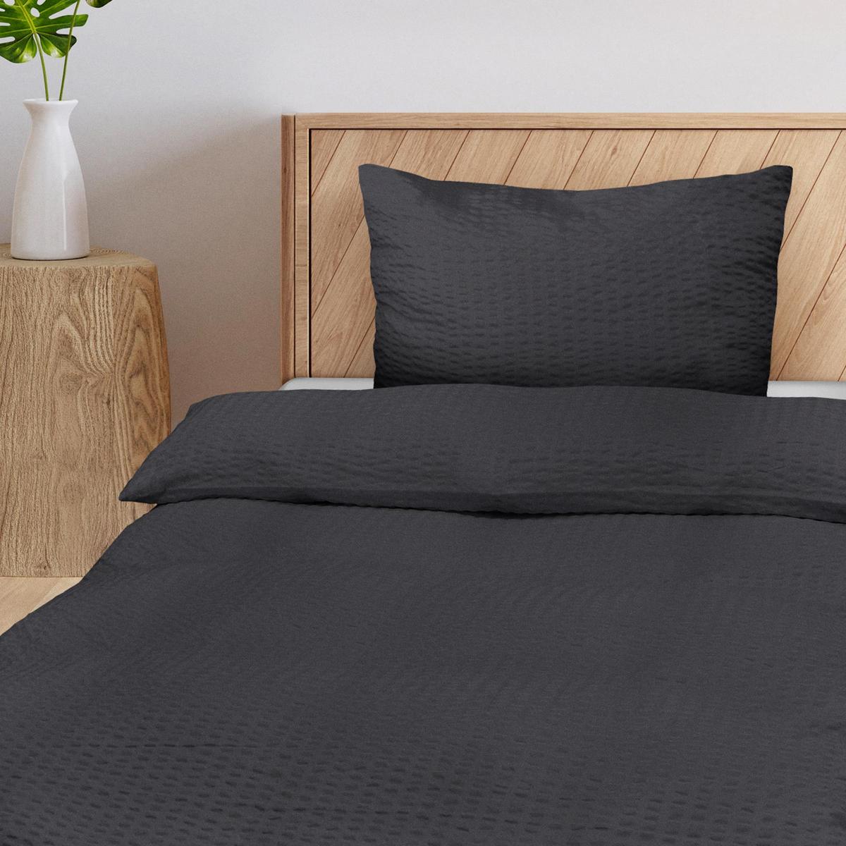 BETTBEZUG Meline 135x200cm + Kissenbezug 80x80cm Schwarz Seersucker (2tlg) - Schwarz, Textil (135/200cm) - Beautissu 