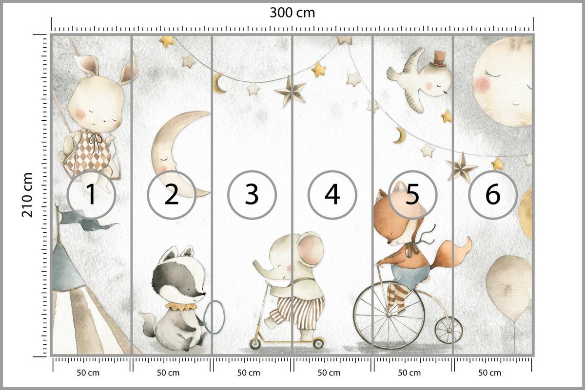 FOTOTAPETE für Kinderzimmer Zirkus Tiere Elefant Fuchs Monde Sterne 300x210 - Gelb/Beige, Papier (300/210cm) - Muralo