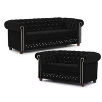SITZGARNITUR 3+2 Chesterfield Cleo Blink Schwarz Samt mit Kristallsteppung und braunen Massivholzfüßen - Schwarz/Braun, Holz/Textil (203/72/86cm) - S-Style Möbel