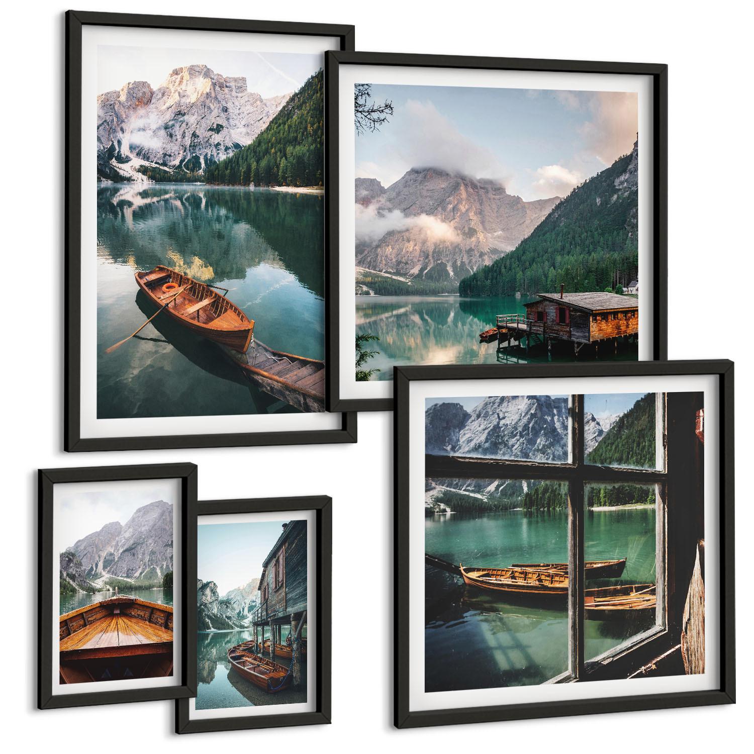 BILDER SET 5er Set - 50x50 cm & 20x30 cm & 40x60 cm Schwarzer Rahmen - See, Berge, Boote, Hütte, Fenster - Schwarz, Kunststoff (40/60cm) - TULUP