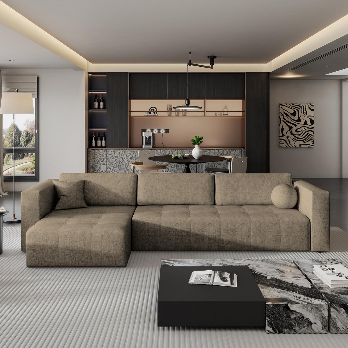 ECKSOFA OLVERA Braun Geflochtener Stoff mit Schlaffunktion - Braun, Holz (347/148cm) - MASSENO