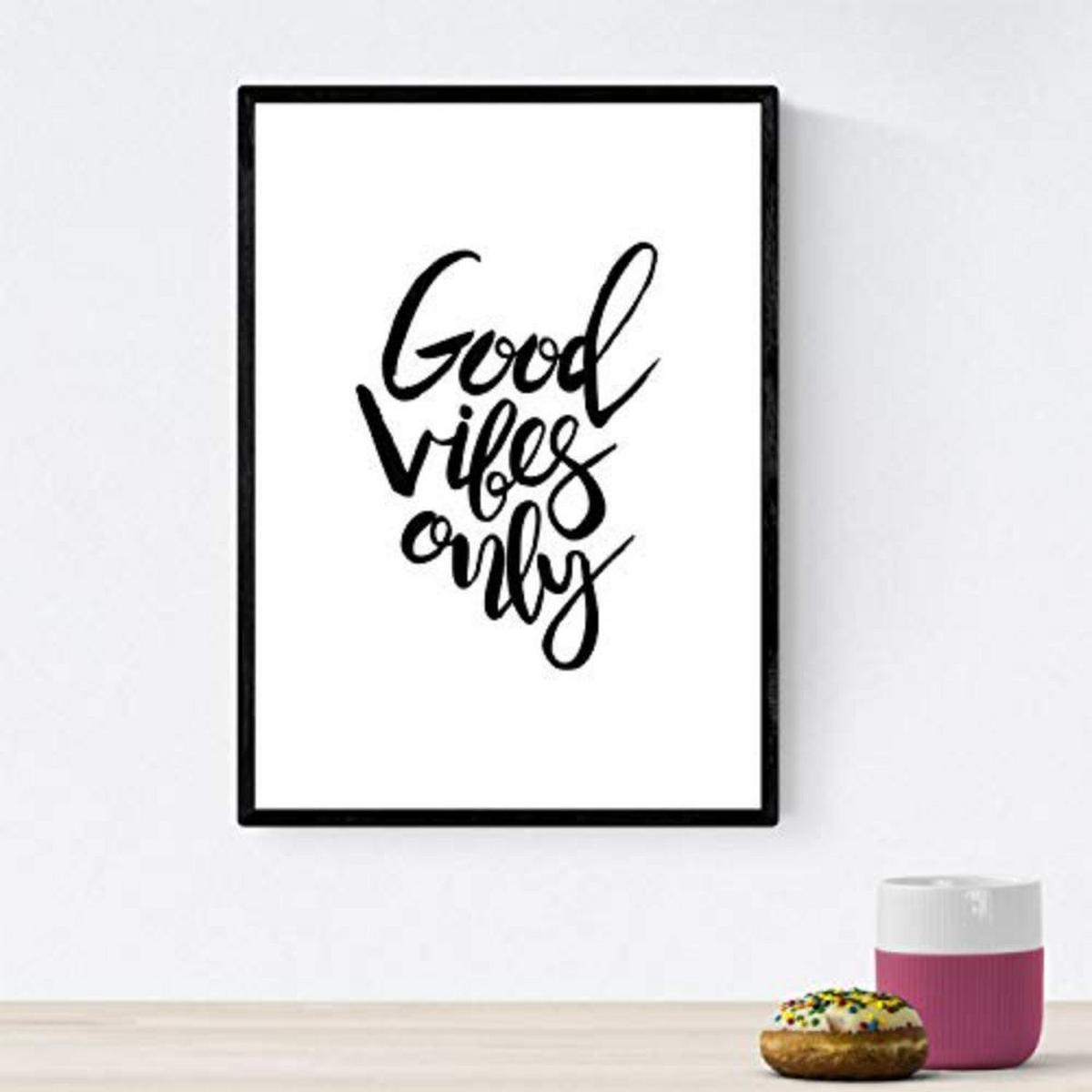POSTER Set mit 4 glücklich und bunt ‚Gutes Leben‘ A3 Schwarzer Rahmen - Schwarz, Papier (29.7/3cm) - Nacnic