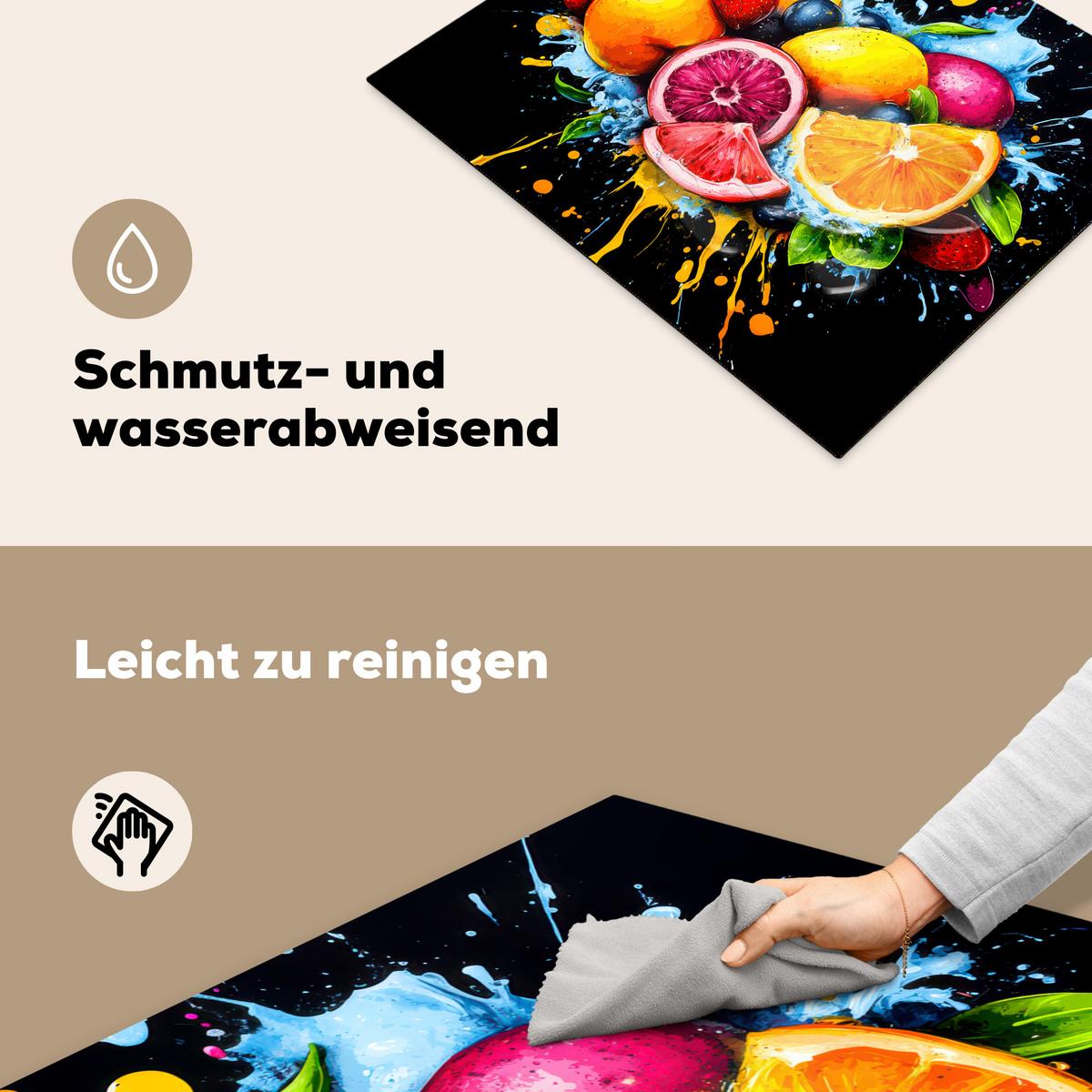 HERDABDECKPLATTE Obst - Graffiti - Bunt - Orange - Erdbeere - Abstrakt Herdabdeckung Induktionsfeld 65x52 cm - Orange, Kunststoff (65/52/0.2cm) - MuchoWow