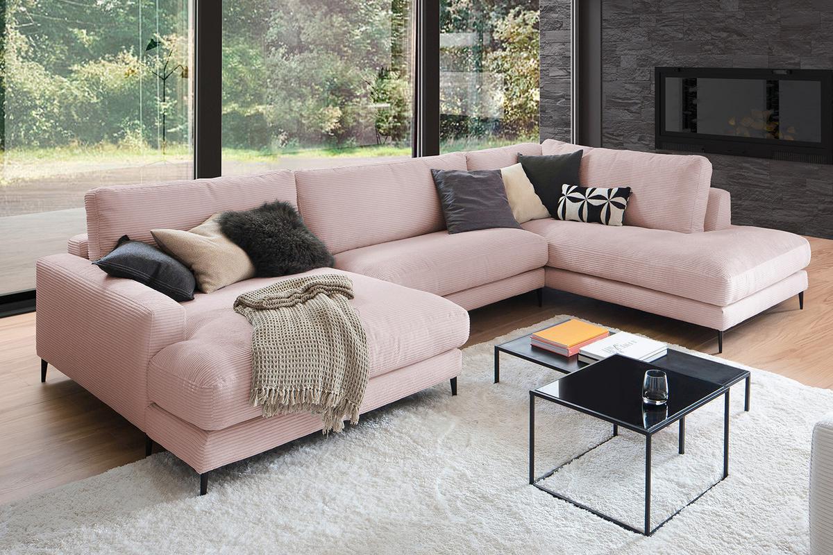 WOHNLANDSCHAFT CARA Pink Cord - Roségold/Schwarz, Textil (341/84/223cm) - KAWOLA