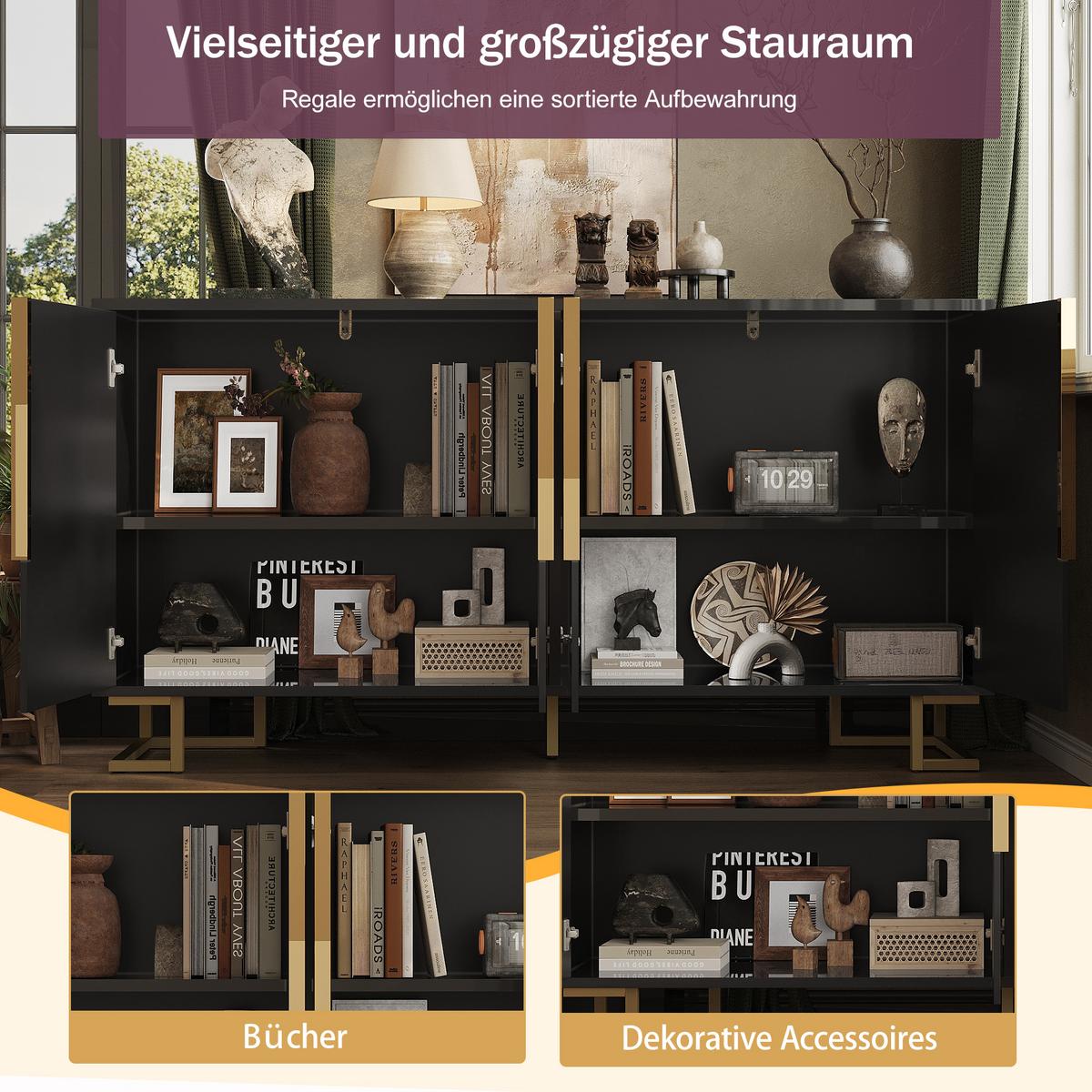 SIDEBOARD SCHWARZ & GOLD 152 CM MIT GEOMETRISCHEM RELIEF & 4 FÄCHERN - Schwarz, Holzwerkstoff (152/75/40cm) - Urban Meuble