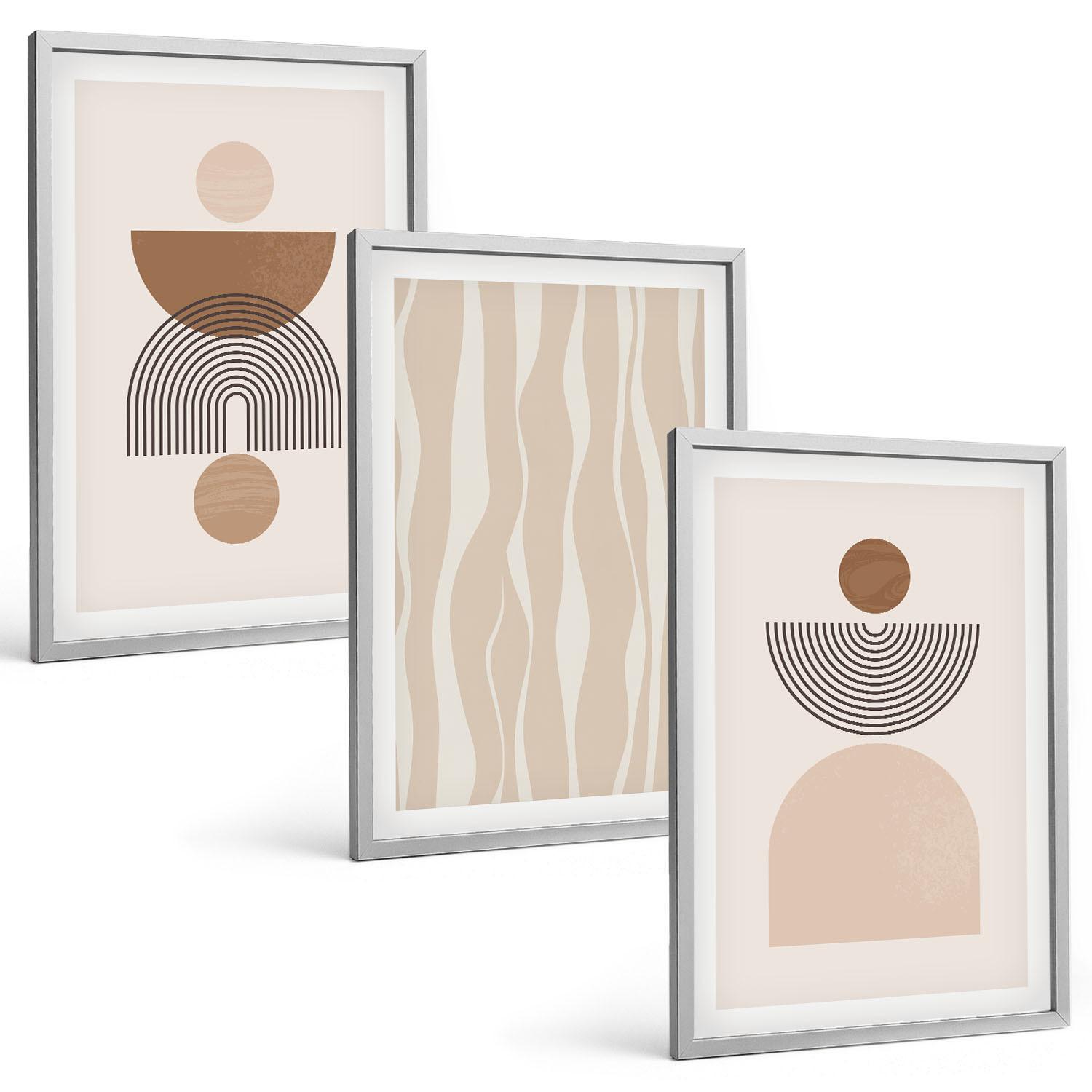 BILDER SET 3er Set - 40x60 cm Silberner Rahmen - Abstrakte Formen braun beige - Silberfarben, Kunststoff (40/60cm) - TULUP