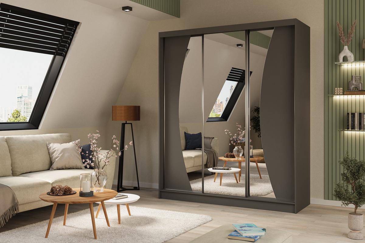 KLEIDERSCHRANK mit Spiegel-Schiebetüren und Aluminium-Leisten - VOXI - 180 cm Grau - Grau, Holzwerkstoff (180/216/61cm) - ALTDECOR
