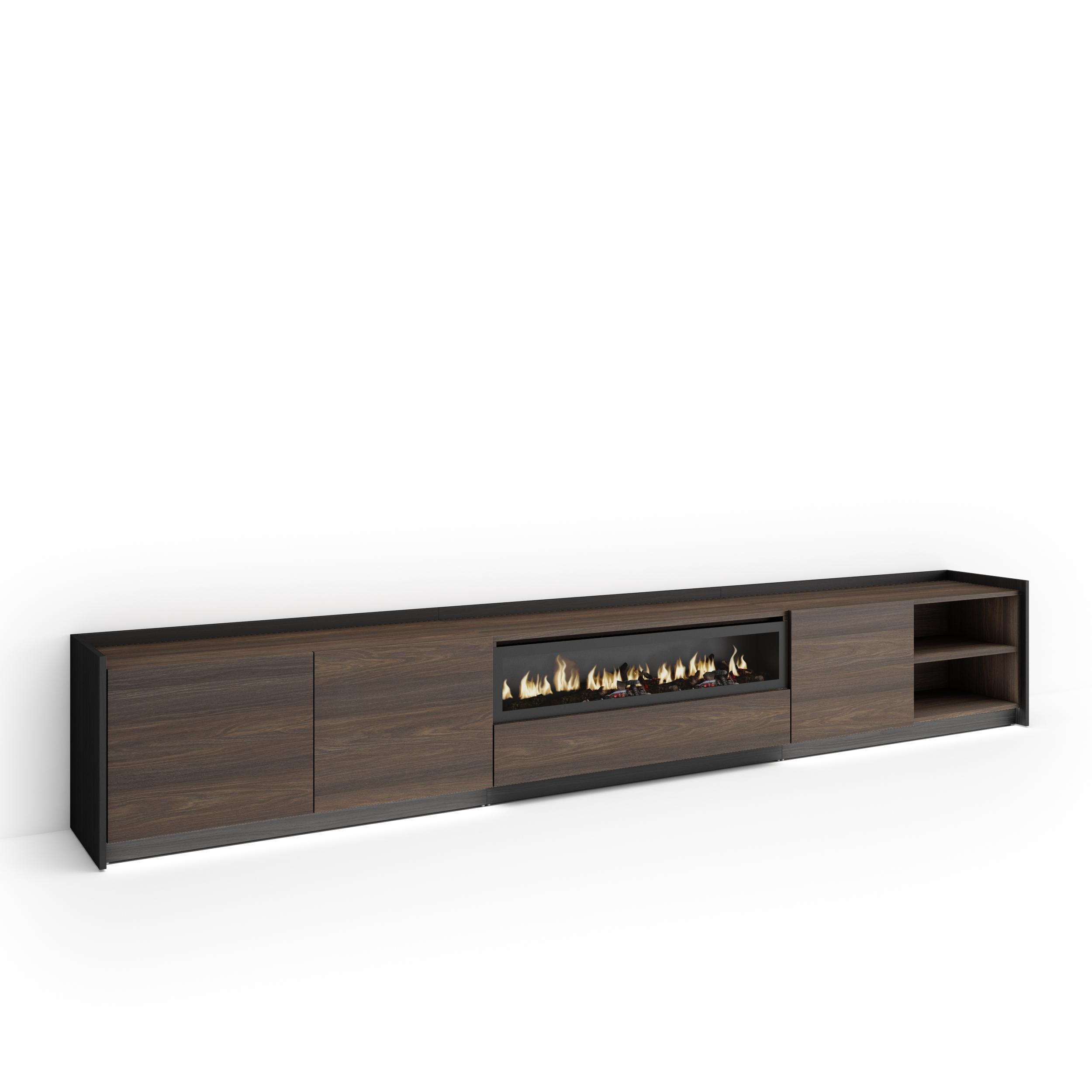 LOWBOARD, Eiche und Schwarz, 310/37/50cm, Kamin mit Feuereffekt - Dunkelbraun, Holzwerkstoff (310/50/37cm) - Skraut Home