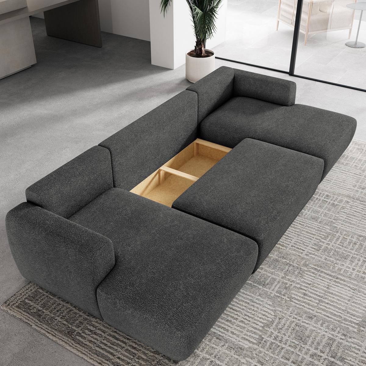 WOHNLANDSCHAFT SENTUM N Grau Boucle-Stoff mit Schlaffunktion - Schwarz/Grau, Holz/Kunststoff (330/90/148cm) - MASSENO