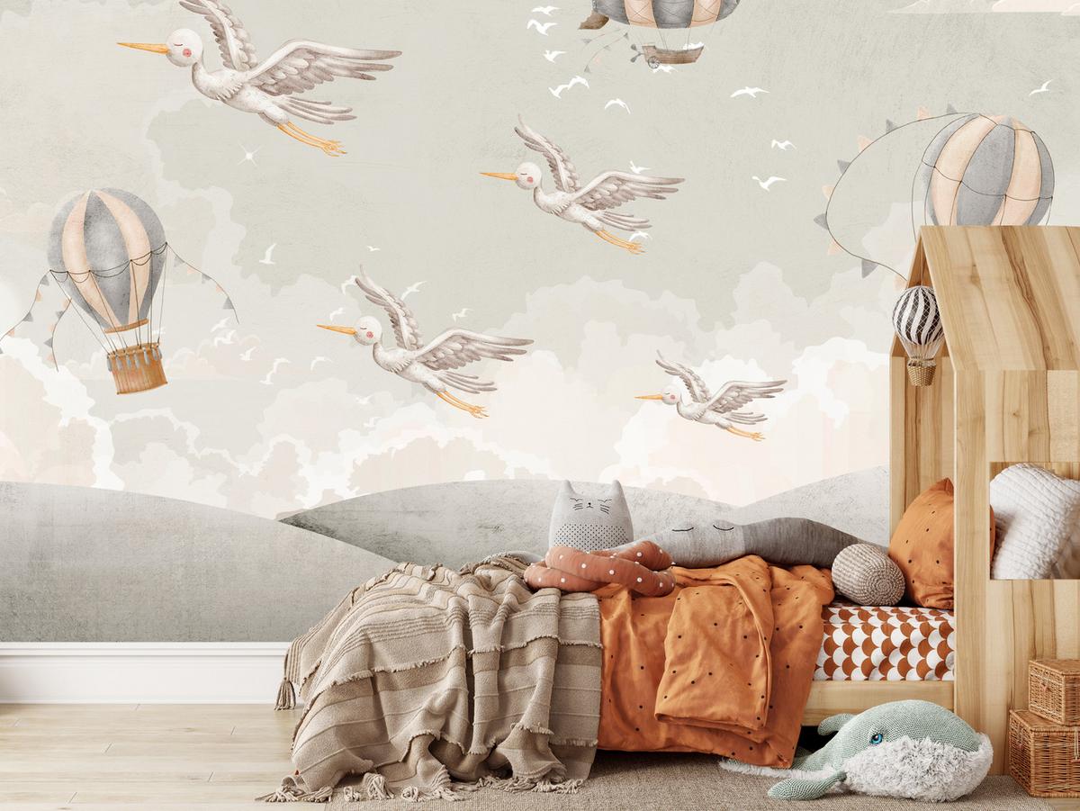 FOTOTAPETE für Kinderzimmer Boho Störche Aquarell Balon Luftschiff Himmel 300x210 - Beige/Weiß, Papier (300/210cm) - Muralo