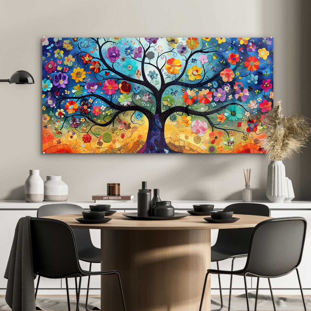 ACRYLGLASBILD Kunst - Baum des Lebens - Blumen - Hippie 120x60 cm - Dunkelblau, Glas (120/60cm) - MuchoWow