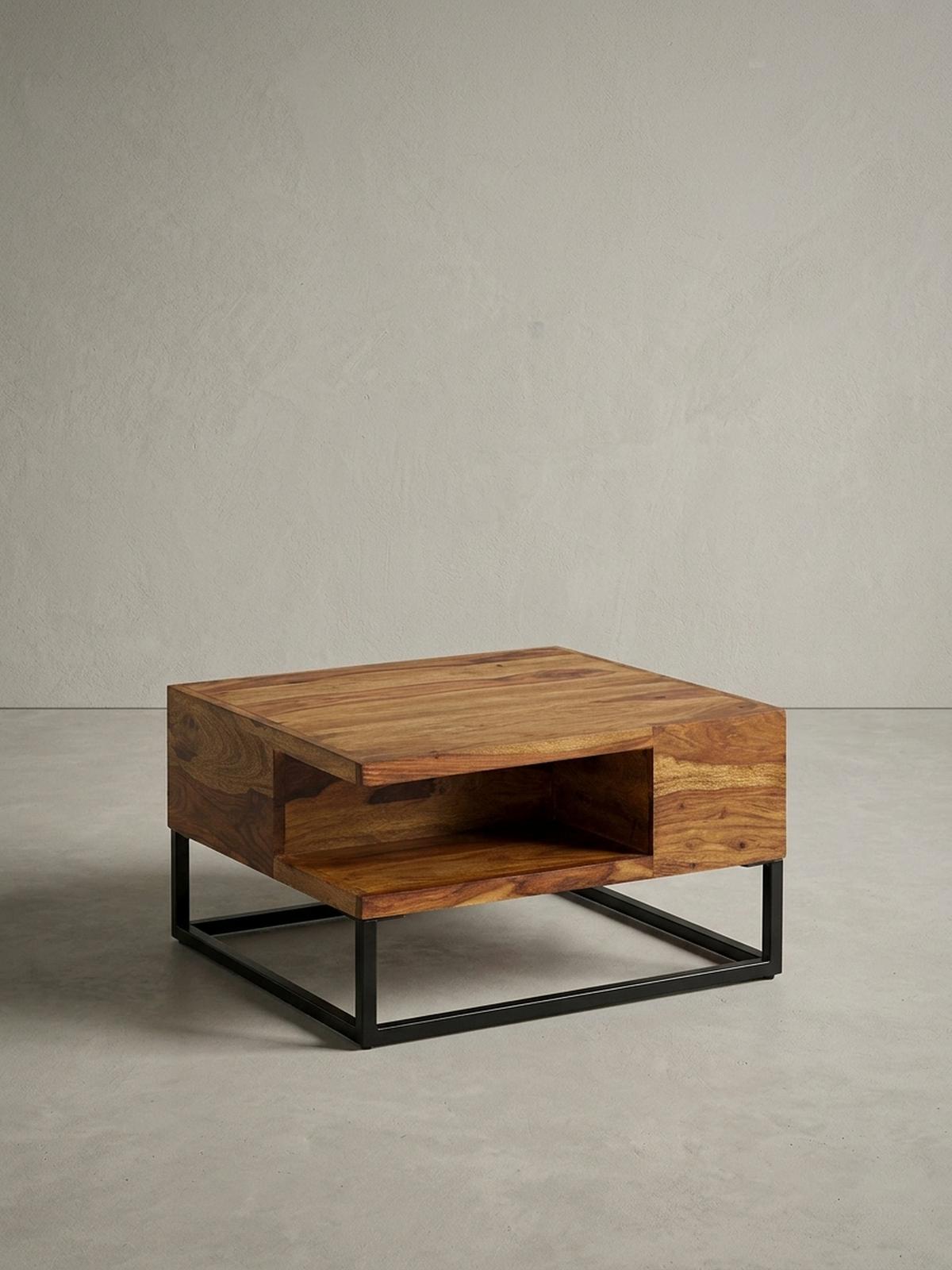 COUCHTISCH in Sheeshamholz mit Staufach, 60x60x34,5 cm, Industrial-Design - Schwarz/Braun, Holz/Metall (60/60/35cm) - KADIMA DESIGN