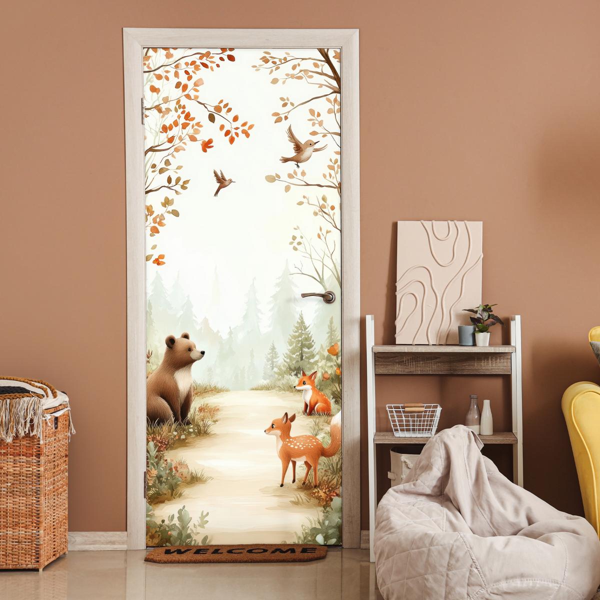 TÜRAUFKLEBER Wald - Herbst - Waldtiere - Bär - Fuchs 80x215 cm - Türtapete - Kastanienfarben, Kunststoff (80/0.1cm) - MuchoWow
