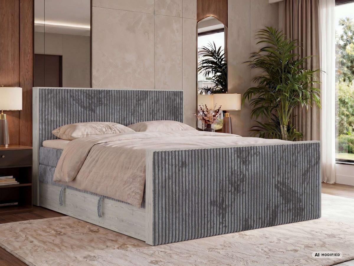 BOXSPRINGBETT NORDIC KING DUO 140/200 - Grau Cord - Topper Visco - H3 - Schwarz/Grau, Kunststoff/Textil (140/200cm) - MKS