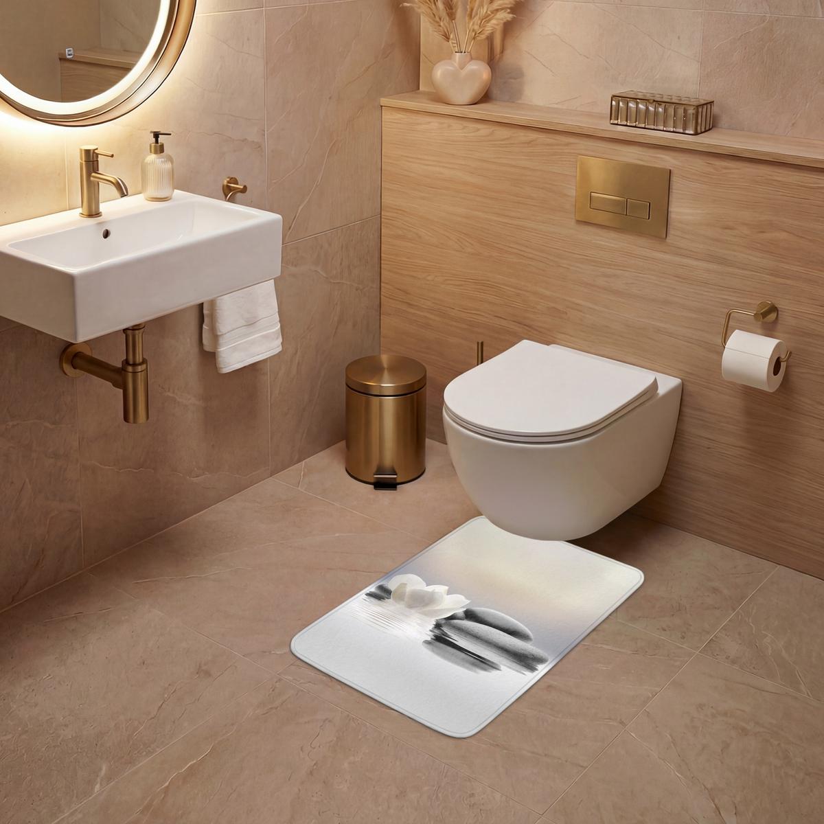 WC-VORLEGER Steine - Lotus - Weiß - Wasser - Zen WC Teppich 40x60 cm - Weiß, Textil (40/1cm) - OnlyWow
