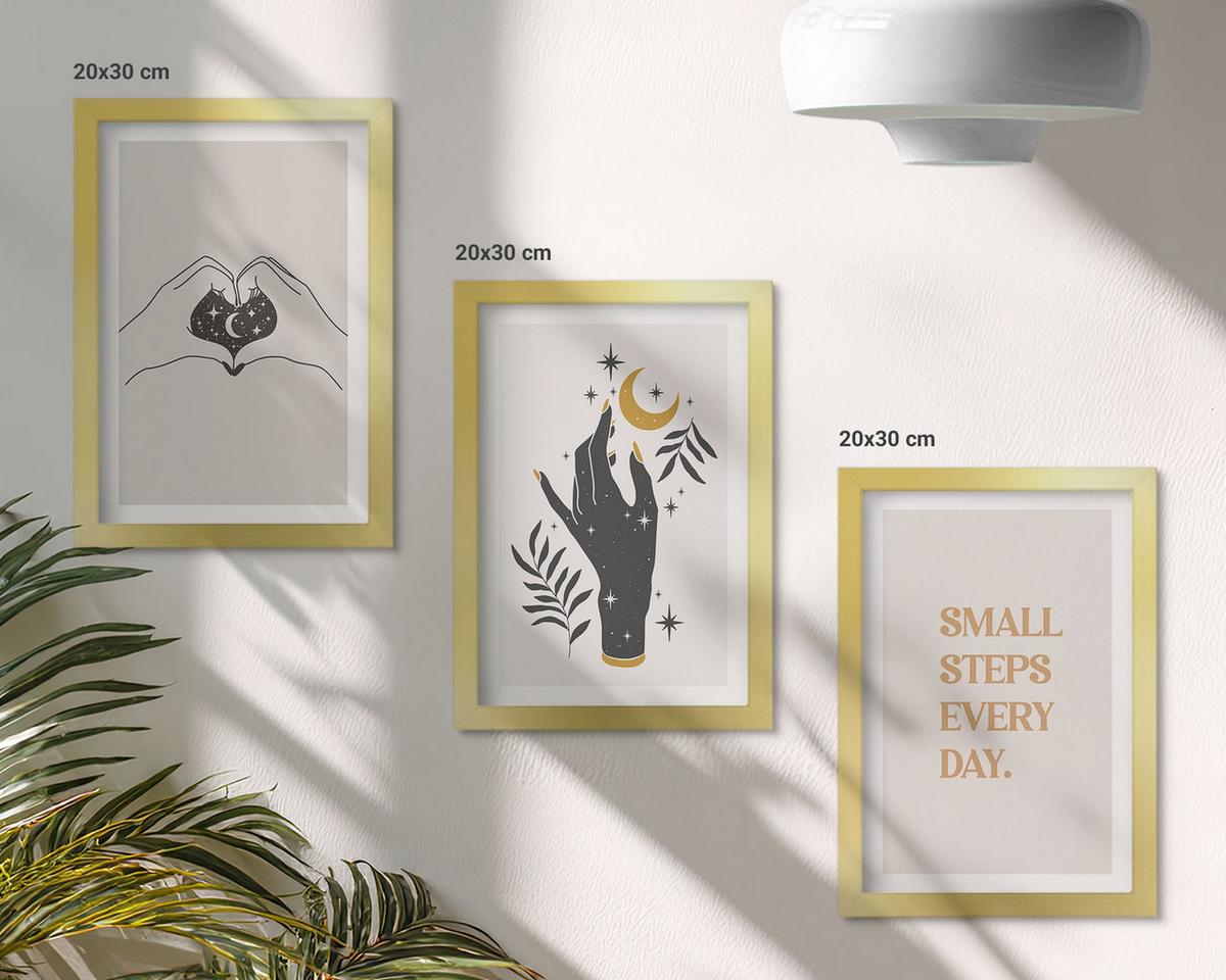 BILDER SET 3er Set - 20x30 cm Goldrahmen - Minimalistische Boho-Illustrationen - Goldfarben, Kunststoff (20/30cm) - TULUP