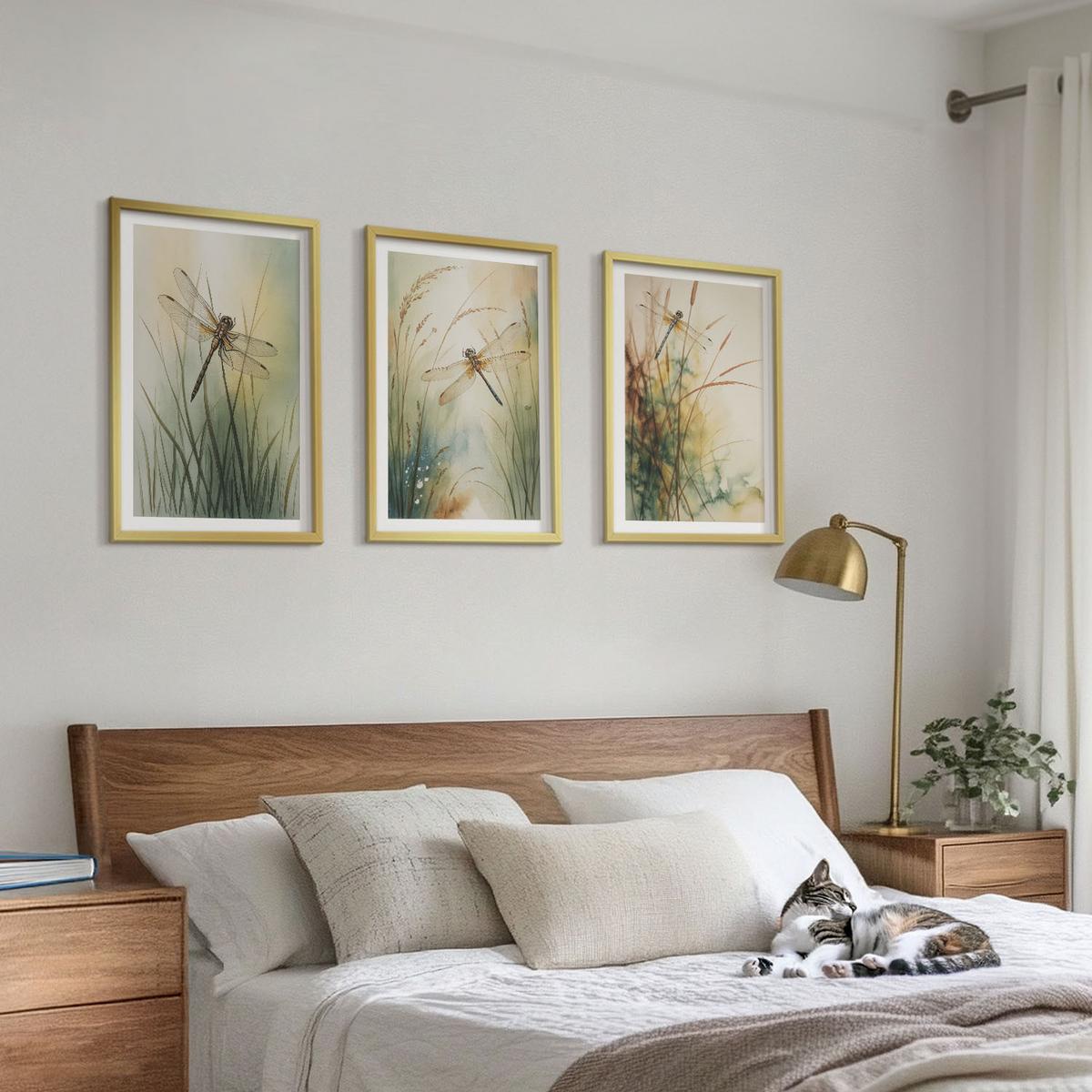 BILDER SET 3er Set - 40x60 cm Goldrahmen - Libellengräser über dem Wasser - Goldfarben, Kunststoff (40/60cm) - TULUP