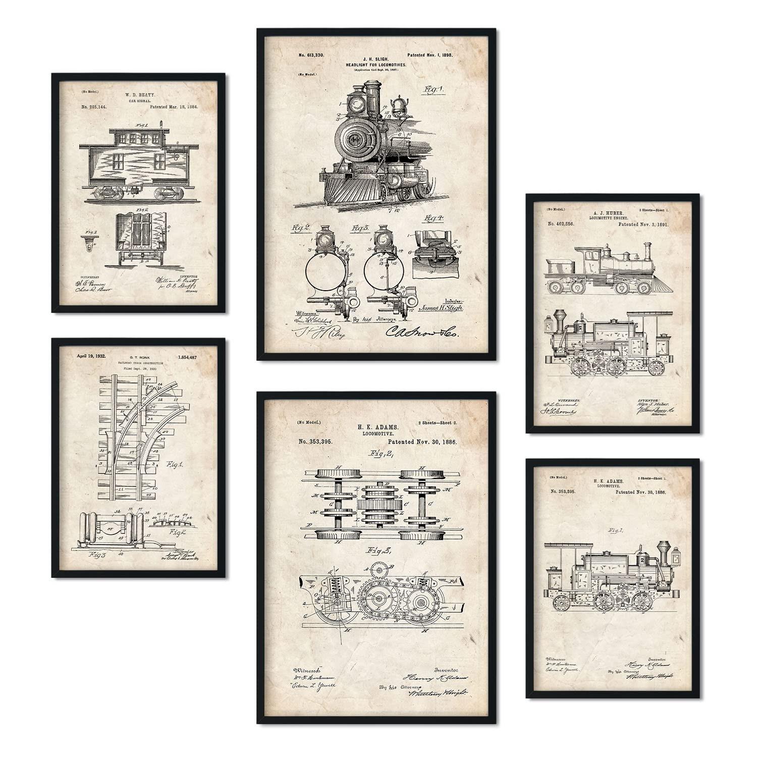 POSTER Set Mit 6 Plakaten Mit Zug Patenten Im Vintage Stil A3 & A4 Schwarzer Rahmen - Schwarz, Papier (29/3cm) - Nacnic