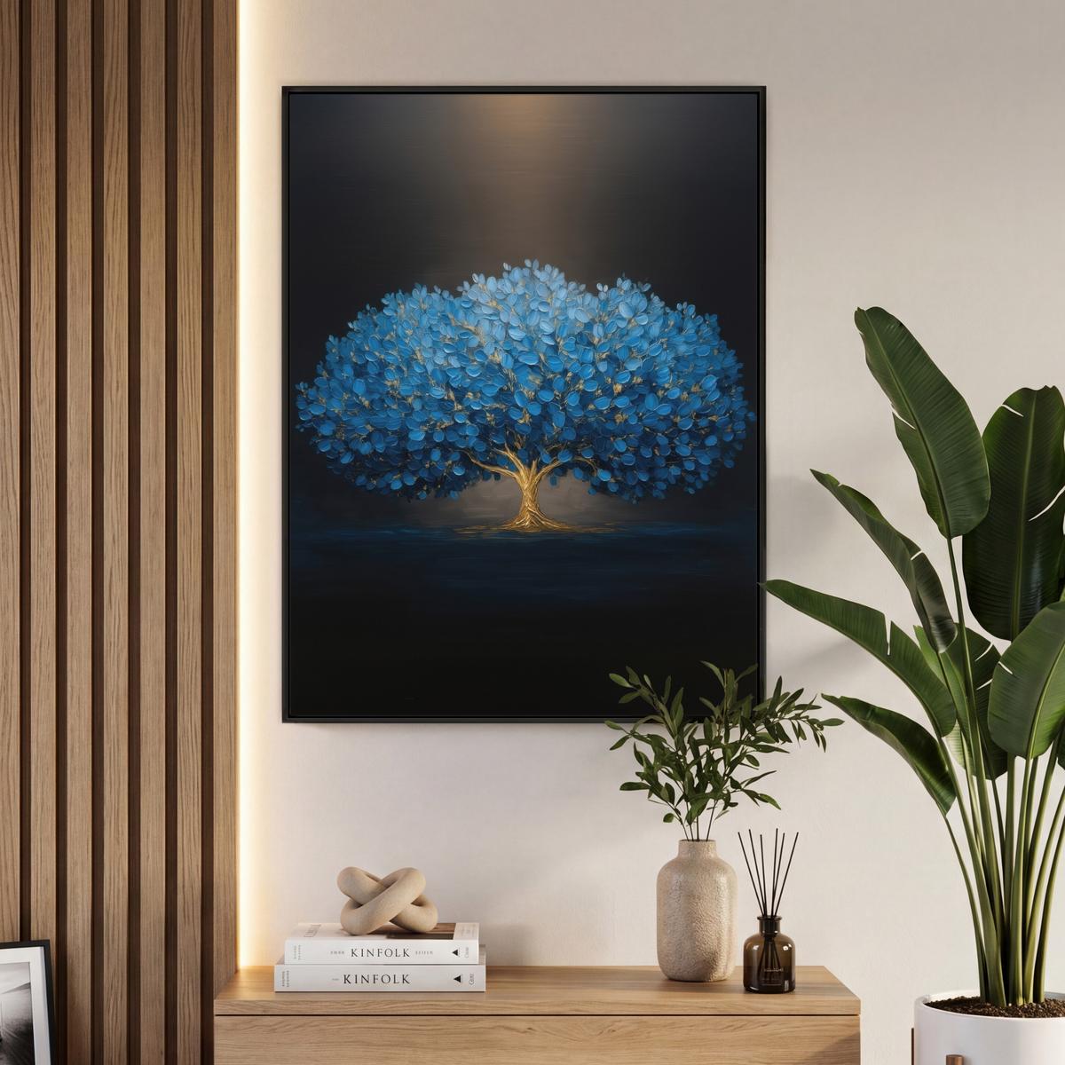 LEINWAND Bilder mit Rahmen - Baum - Blau - Blätter - Pinselstriche - 70x100 - Blau, Textil (70/100cm) - MuchoWow