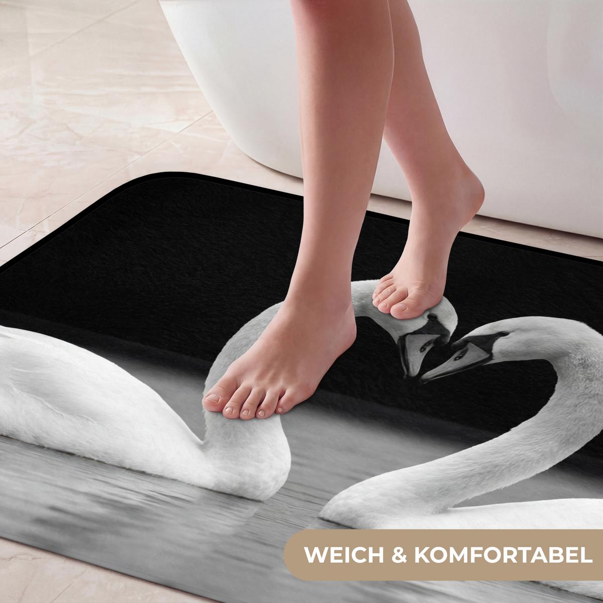 BADEMATTE Schwäne - Herz - Schwarz - Weiß 90x60 cm - Schwarz, Textil (90/60cm) - OnlyWow