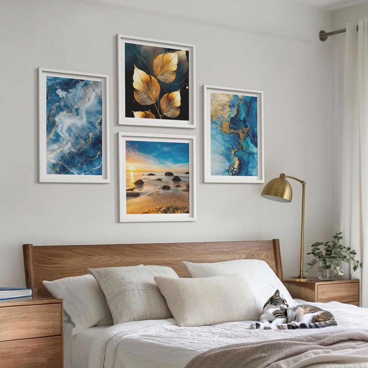 BILDER SET 4er Set - 50x50 cm & 40x60 cm Weißer Rahmen - Bilder mit blau-goldenen Mustern - Weiß, Kunststoff (50/50cm) - TULUP