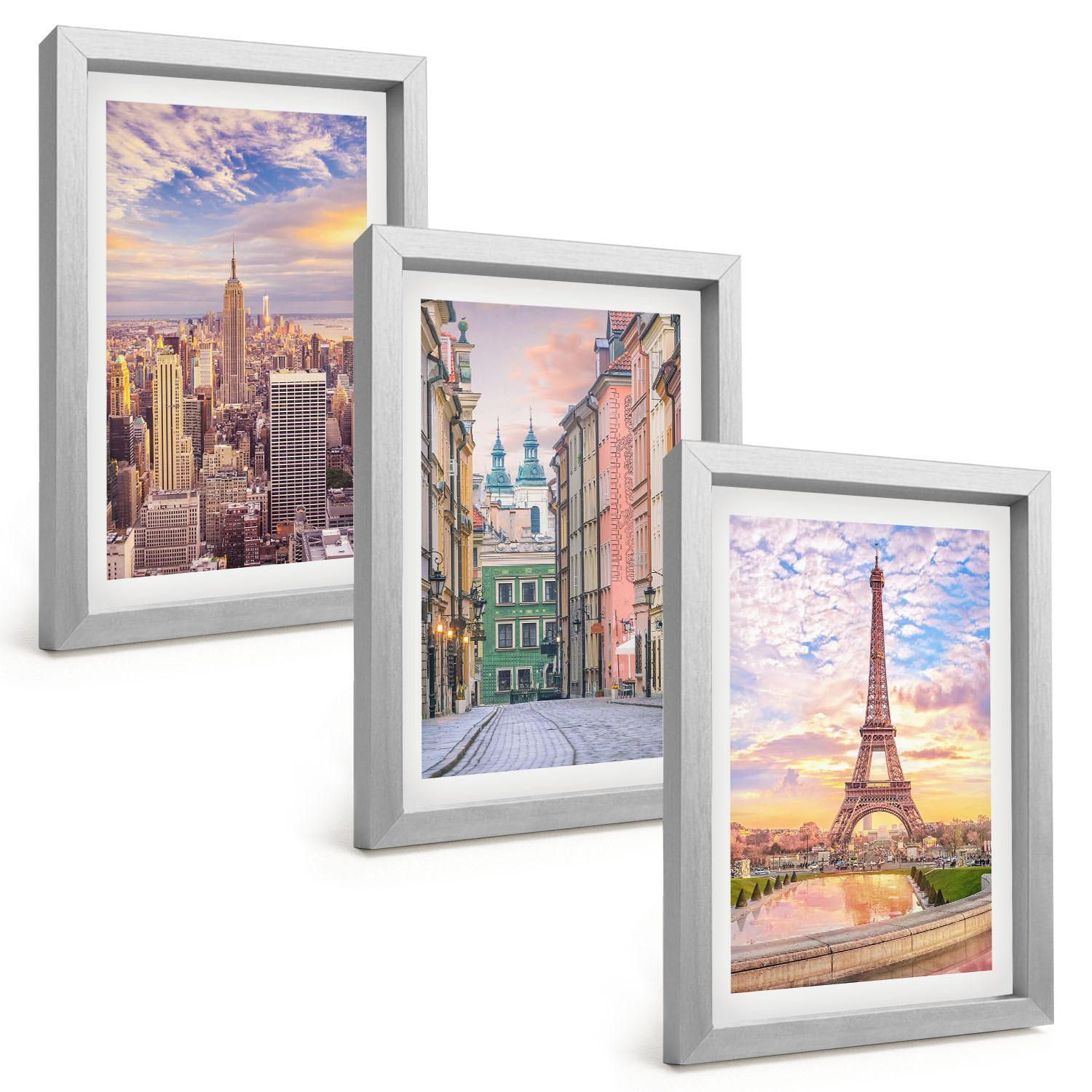 BILDER SET 3er Set - 20x30 cm Silberner Rahmen - Städte New York Paris Dämmerung - Silberfarben, Kunststoff (20/30cm) - TULUP