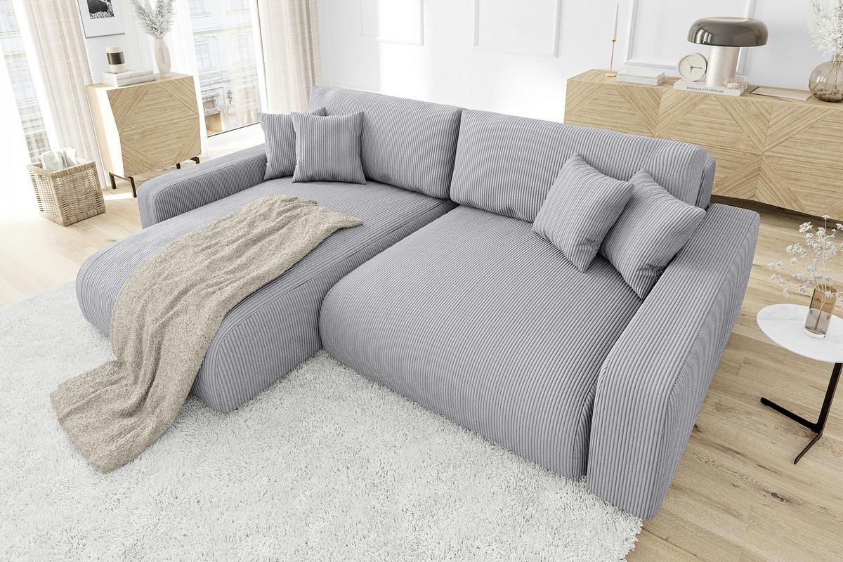 ECKSOFA Emma Hellgrau Cord - Ottomane links - Hellgrau, Textil (234/170cm) - S-Style Möbel