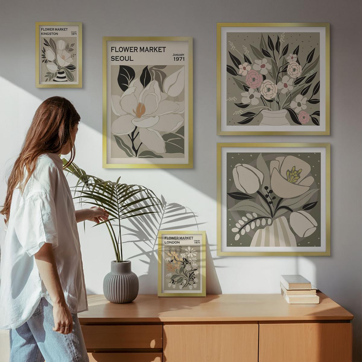 BILDER SET 5er Set - 50x50 cm & 20x30 cm & 40x60 cm Goldrahmen - Retro-Blumen aus Städten rund um die Welt - Goldfarben, Kunststoff (40/60cm) - TULUP