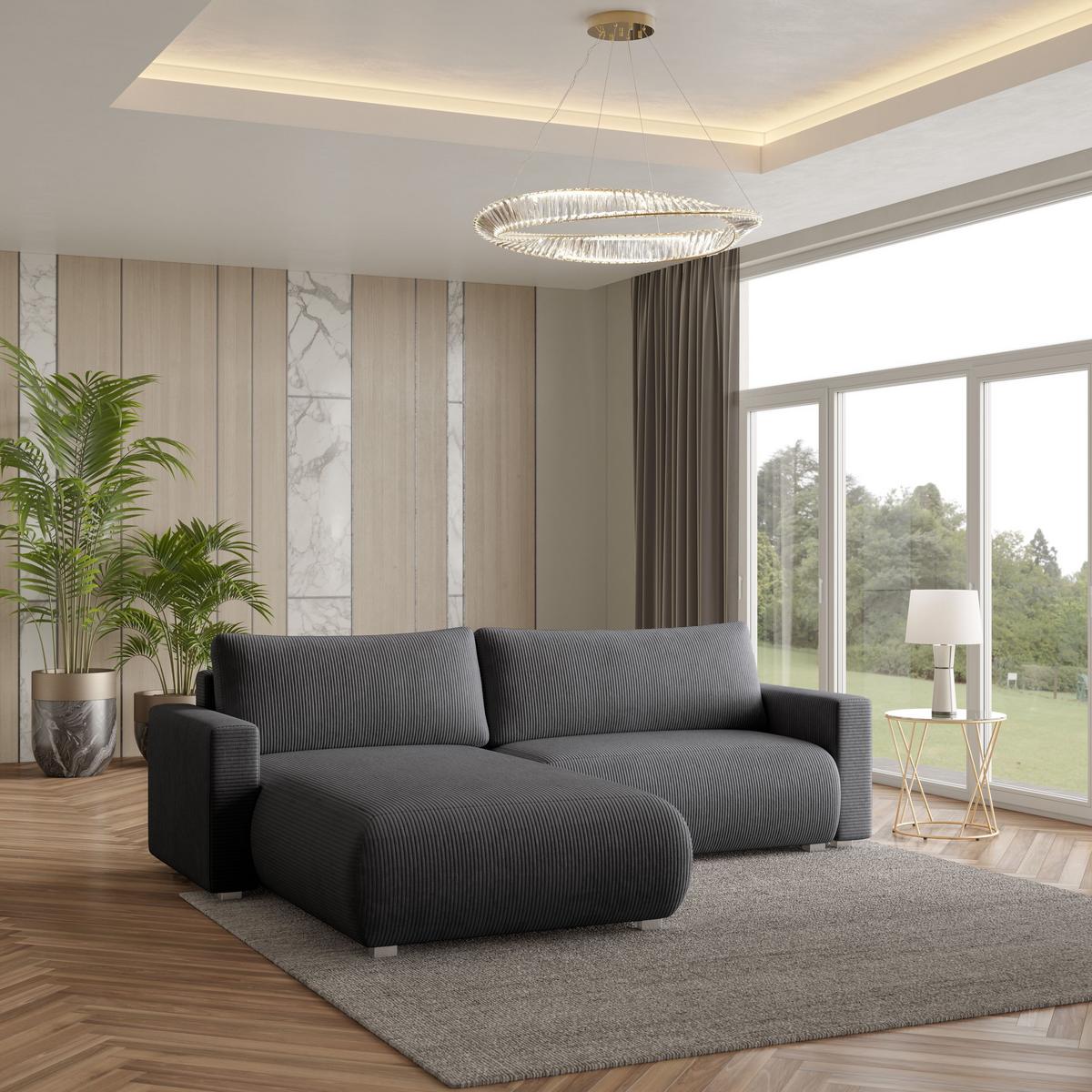 ECKSOFA TURIN P Graphitfarben Kordstoff mit Schlaffunktion - Graphitfarben/Grau, Holz/Kunststoff (265/183cm) - MASSENO