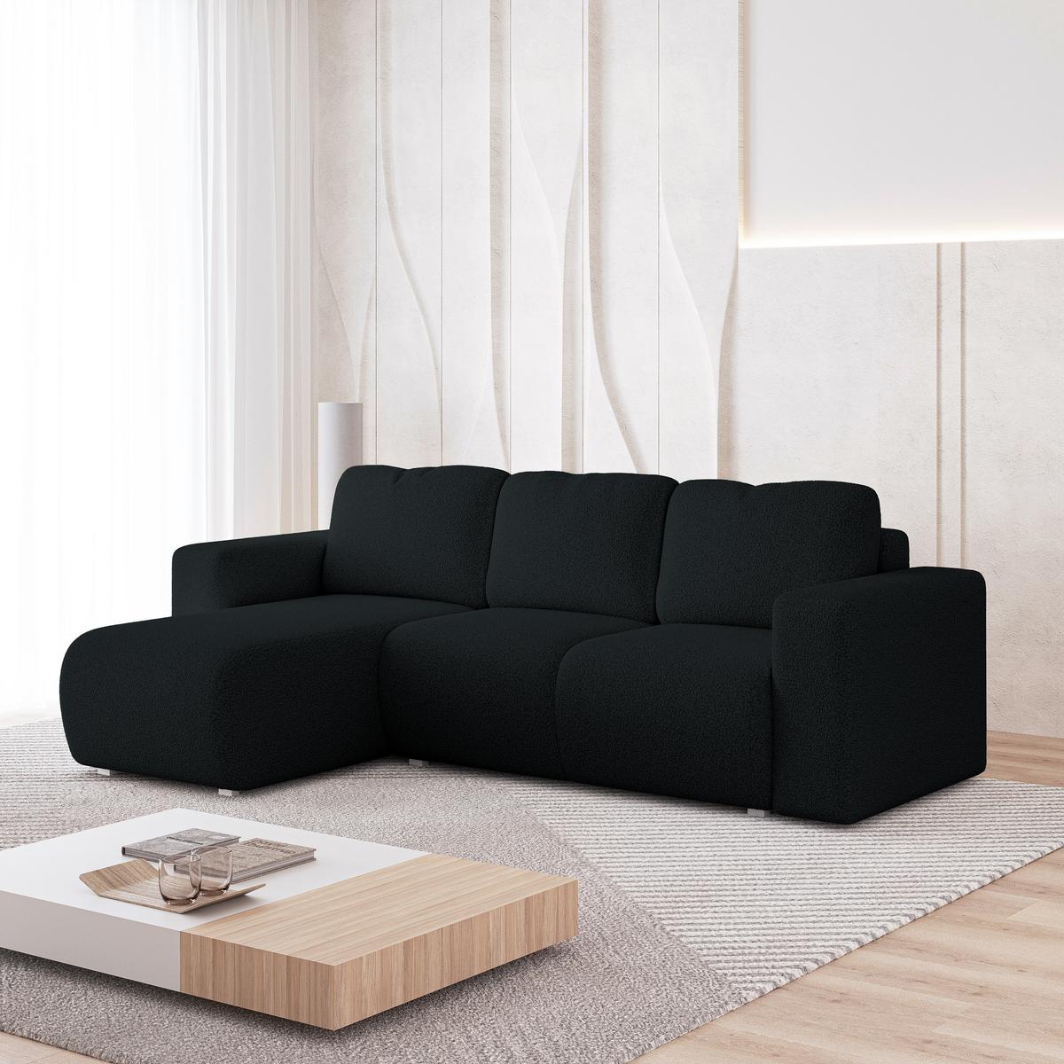 ECKSOFA RINOVA Schwarz Boucle-Stoff mit Schlaffunktion - Schwarz, Holz (250/143cm) - MASSENO