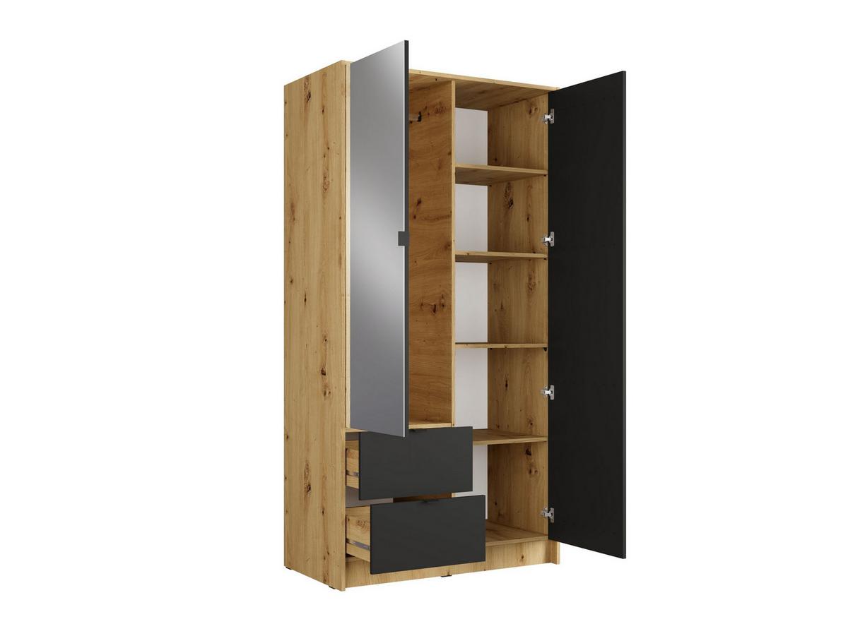 DREHTÜRENSCHRANK SATREN 101,7/200,5/54,5cm 2-türig mit Spiegel Eiche Artisan - Schwarz/Eiche Artisan, Holzwerkstoff (101.7/200.5/54.5cm) - MASSENO