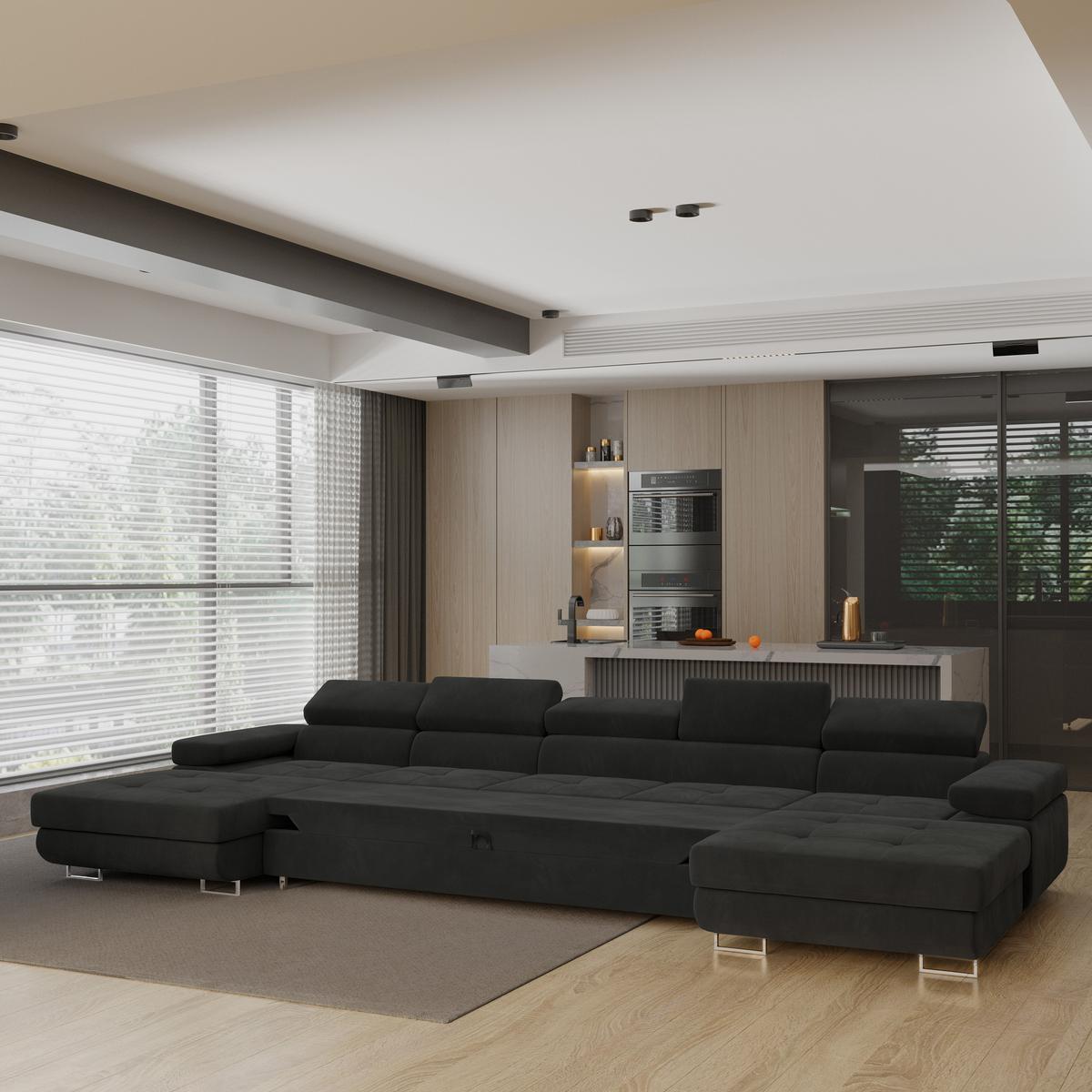 WOHNLANDSCHAFT OMBRA Schwarz Velours-Stoff mit Schlaffunktion - Schwarz, Holz (425/90/202cm) - MASSENO