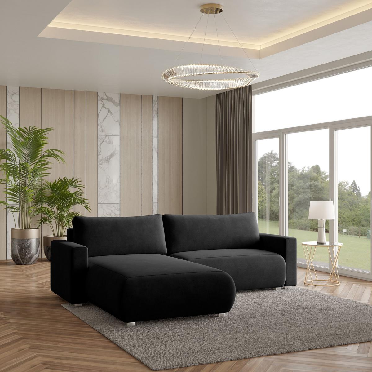 ECKSOFA TURIN M Schwarz Velours-Stoff mit Schlaffunktion - Schwarz/Grau, Holz/Kunststoff (265/183cm) - MASSENO