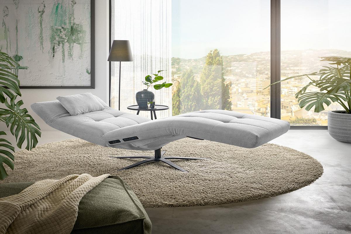 RELAXLIEGE LETICIA Silber Cord Drehbar (360°), Relaxfunktion - Silberfarben/Schwarz, Textil/Metall (82/115/156cm) - KAWOLA
