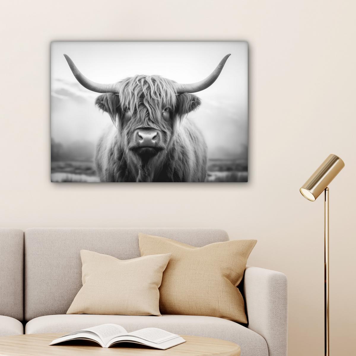 LEINWANDBILD Schottischer Highlander - Nebel - Schwarz - Weiß Wandbilder 80x60 cm - Grau, Textil (80/60cm) - MuchoWow