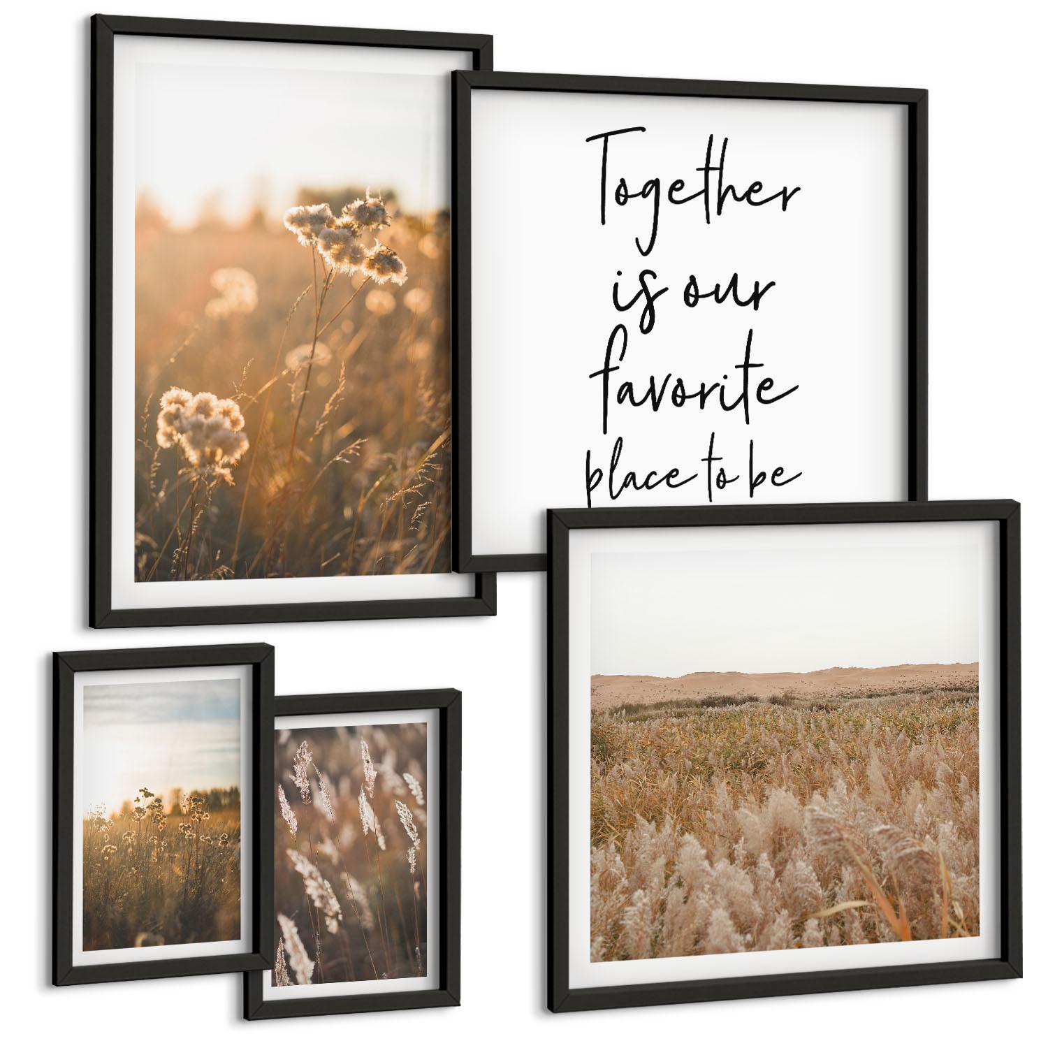 BILDER SET 5er Set - 50x50 cm & 20x30 cm & 40x60 cm Schwarzer Rahmen - Landschaftsgrasblumen Wärme - Schwarz, Kunststoff (40/60cm) - TULUP