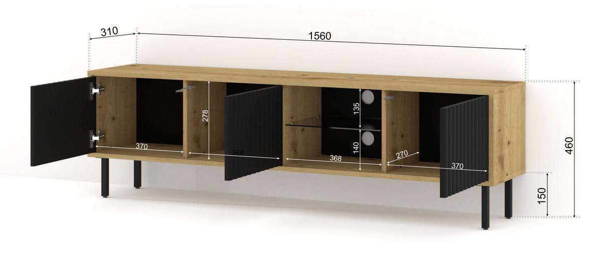 TV LOWBOARD Artisan Eiche, Schwarz 156/31/31 - Schwarz, Holzwerkstoff (156/31/31cm) - RAUMHIRSCH FURNITURE