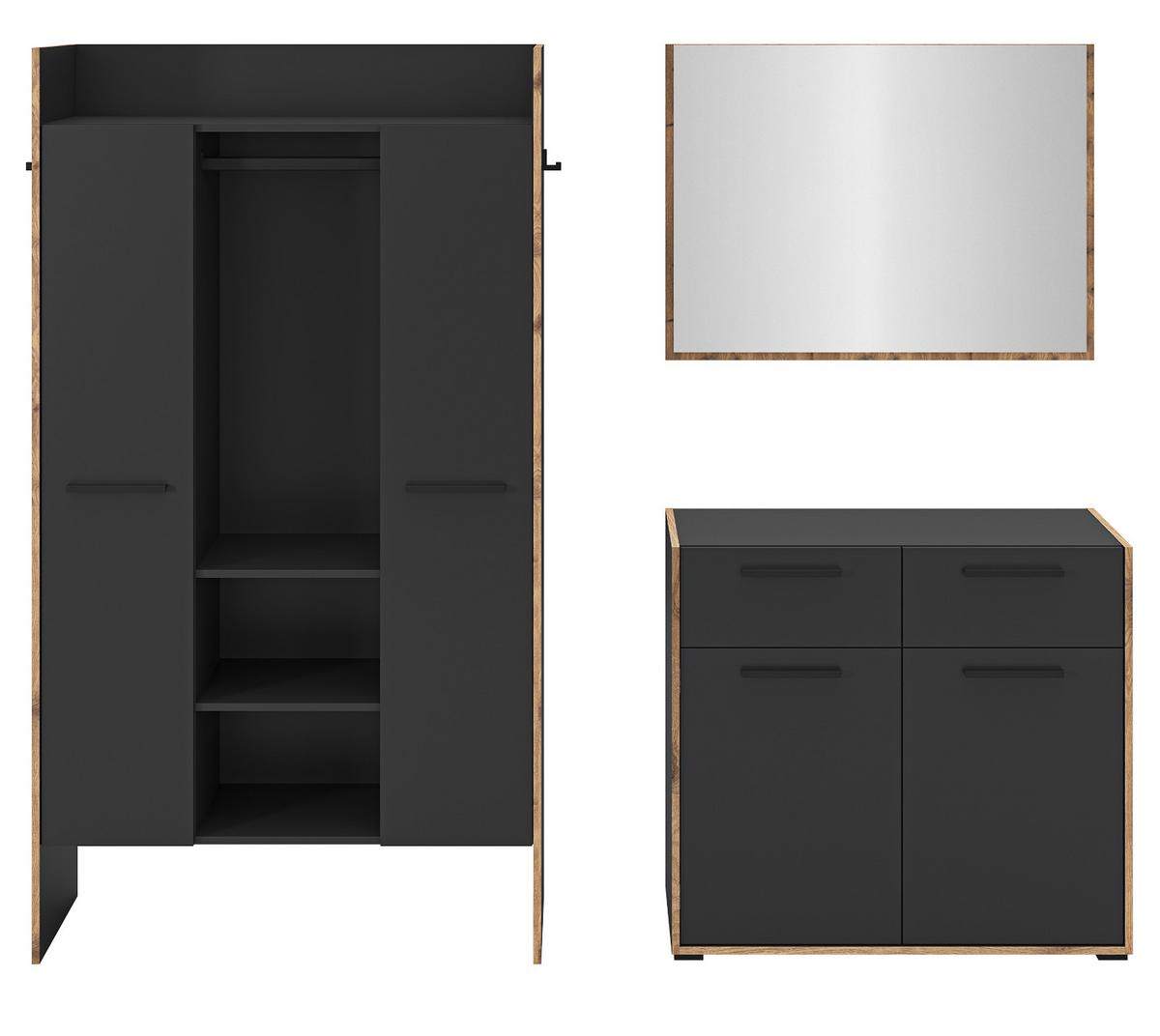 GARDEROBEN-SET 3-teilig grau, Eiche Nox 215 cm, Komplettset mit viel Stauraum - Eichefarben/Schwarz, Glas/Holzwerkstoff (215/189/37cm) - Inn.Furn